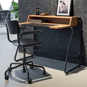 Thonet - S 43 FDR Bürostuhl mit Armlehnen, Alu schwarz / Buche schwarz gebeizt