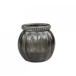 Chic Antique Runder Glas Teelichthalter mit Perlenkante, H7,5/D7,5 cm, dunkel grau
