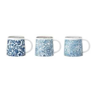 Bloomingville Tasse "Molly Mug, Blue, Stoneware", Tassen 3er Set 400ml Keramik Kaffeetassen, Teetassen, Blumentasse, Landhausstil, blau