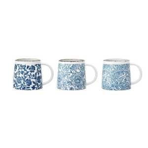 Bloomingville Tasse "Molly Mug, Blue, Stoneware", Tassen 3er Set 400ml Keramik Kaffeetassen, Teetassen, Blumentasse, Landhausstil, blau