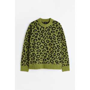 H&M Jacquard-Pullover Oversized Fit Grün/Leopardenmuster in Größe XL. Farbe: Green/leopard print