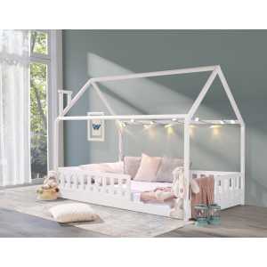 Deine Möbel 24 Hausbett "Kinderbett ROSI PLUS 140x200 in Weiß im skandinavischen Still" (Set, Bett aus Missivholz mit Lattenrost und Rausfallschutz)