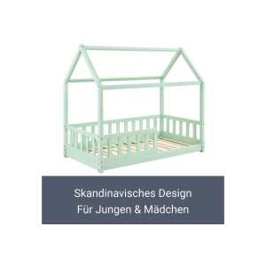 Juskys Kinderbett Marli, 80x160 cm, Hausoptik mit Dach, Holz, Rausfallschutz, 3 - 10 Jahren