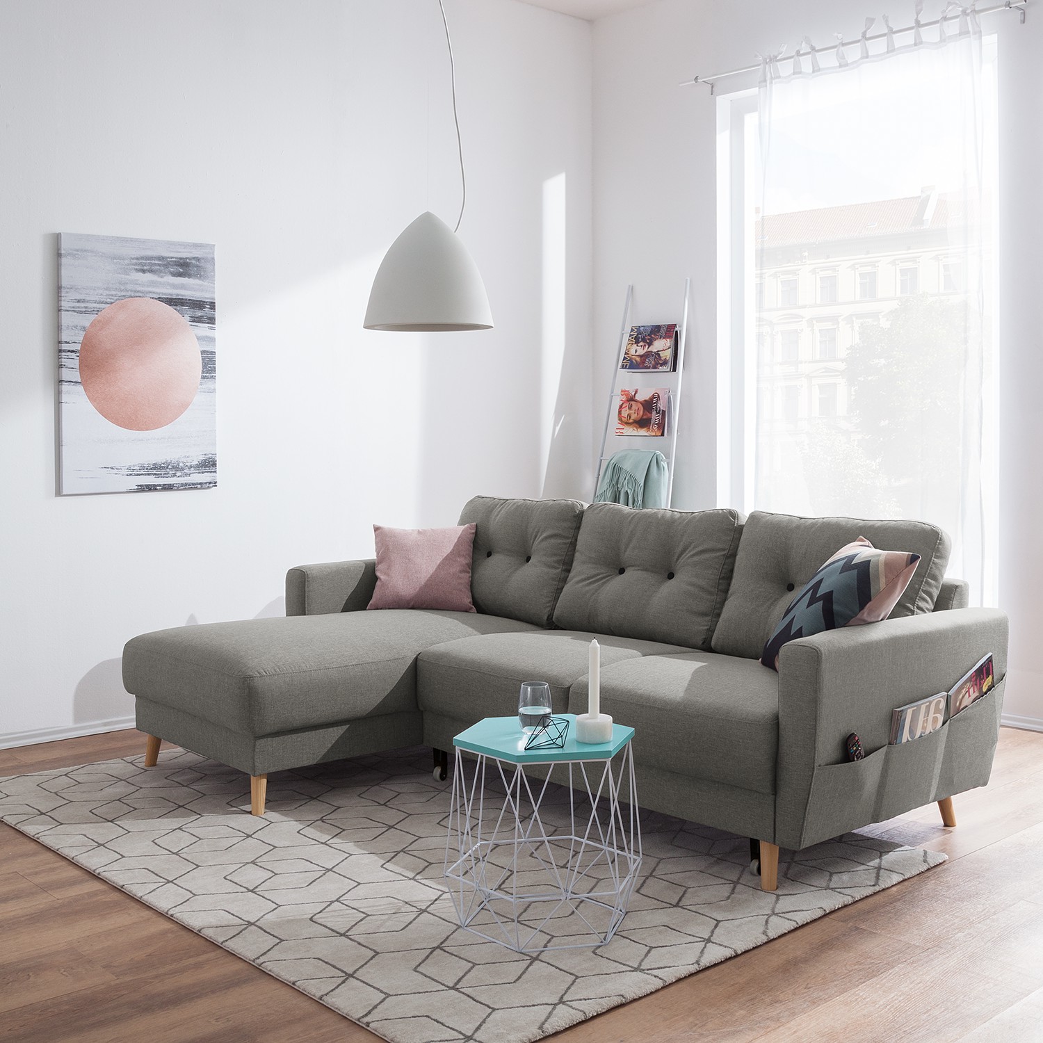 Mørteens Ecksofa Sola 2-Sitzer Grau Flachgewebe 225x86x147 cm mit Schlaffunktion und Bettkasten