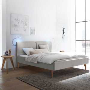 Breites Bett 140x200 cm aus Webstoff und Eiche Massivholz Skandi Design