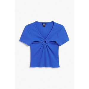 Monki Blaues Crop-Top mit Cutout- und Ringdetail Kräftiges Blau, T-Shirt in Größe XS. Farbe: Blue bright