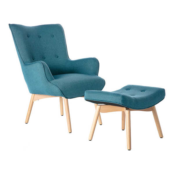 Design-Sessel skandinavisch und Fußablage Petrolblau und helles Holz BRISTOL