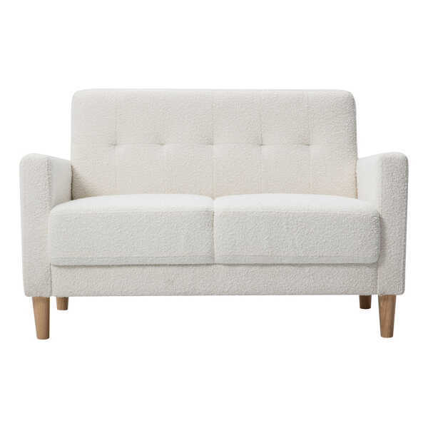 Skandinavisches Sofa 2-Sitzer aus weißem Stoff mit Woll-Effekt und hellem Holz MOON