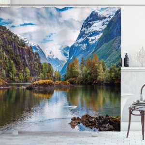 Abakuhaus Duschvorhang Moderner Digitaldruck mit 12 Haken auf Stoff Wasser Resistent Breite 175 cm, Höhe 220 cm, Natur Snowy Mountains Norwegen
