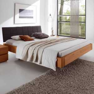 Schlafzimmer Bett aus Eiche Massivholz Polsterkopfteil in Grau Stoff