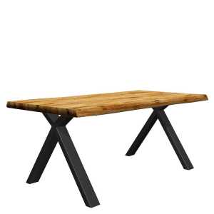 Tisch mit Baumkanten aus Eiche Massivholz und Metall X Gestell