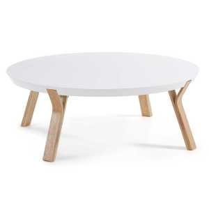 Wohnzimmer Tisch mit runder weißer Tischplatte 4-Fußgestell aus Eiche Massivholz
