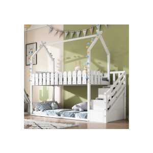Celya Kinderbett Etagenbett Massivholzbett 90 x 200 cm, Bettgestell Kinder Bett mit 3 Treppe, mit 2 Schubladen, mit Zaun, Weiß