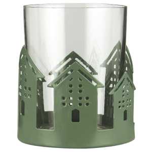 Kerzenhalter für Teelicht mit Häusern aus Metall, 8,5 cm, Ø 7 cm, grün