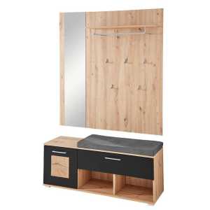 Lomadox Garderoben-Set FARGO-36, (Spar-Set), Schuhbank mit Garderobenpaneel und Spiegel, Eiche mit schwarz