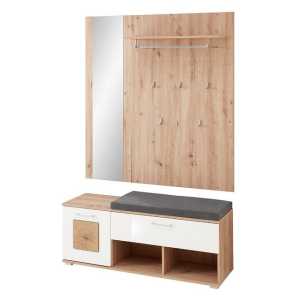 Lomadox Garderoben-Set FARGO-36, (Spar-Set), Schuhbank mit Garderobenpaneel und Spiegel, Eiche mit weiß Hochglanz