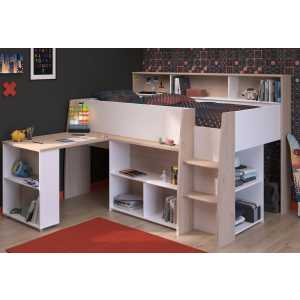 Parisot Hochbett Lukas (Stauraumbett in weiß und Eiche) ausziehbarer Schreibtisch, kein Lattenrost erforderlich