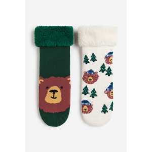 H&M 2er-Pack Antirutsch-Strümpfe aus Fleece Dunkelgrün/Bären, Socken in Größe 31/33. Farbe: Dark green/bears