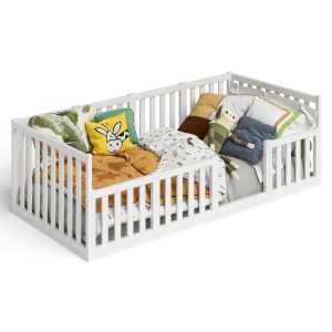 Bellabino Kinderbett Cuvo (Bodenbett 90x200 cm, inkl. Lattenrost), Montessori Bett, weiß, aus Kiefer Massivholz