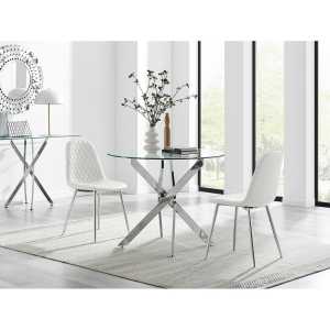 Luxuriöses Corova-Set aus rundem Esstisch aus Chrom und Glas mit 2 Esszimmerstühlen aus Kunstleder
