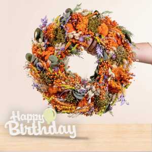 Trockenblumenkranz Sweet Orange mit Happy Birthday Holzschriftzug
