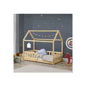 Juskys Kinderbett Marli, 80x160 cm, Hausoptik mit Dach, Holz, Rausfallschutz, 3 - 10 Jahren