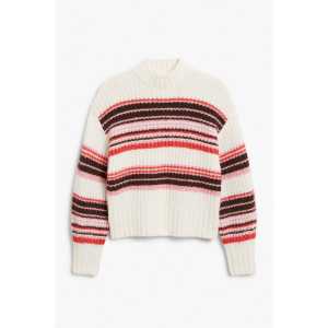 Monki Weißer Grobstrick-Pullover mit bunten Streifen Rot, rosa & braun gestreift in Größe XS. Farbe: Red, pink brown stripe