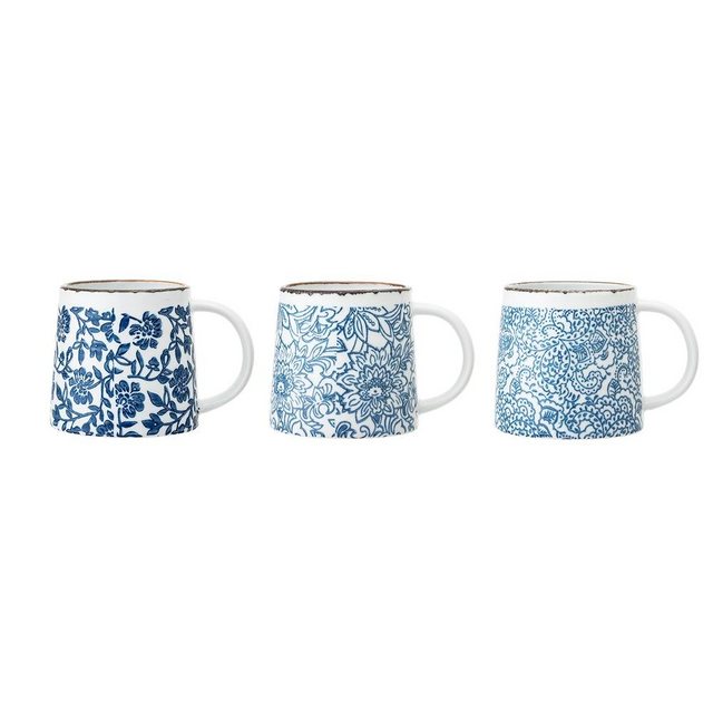 Bloomingville Tasse Molly Mug, Blue, Stoneware, Tassen 3er Set 400ml Keramik Kaffeetassen, Teetassen, Blumentasse, Landhausstil, blau