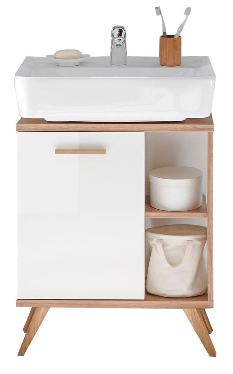 CASAVANTI Waschbeckenunterschrank 60,5 x 65 cm weiß/braun - Melaminharzbeschichtet - 1 Drehtür - seitliche Ablage