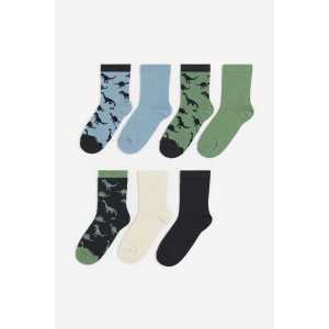 H&M 7er-Pack Gemusterte Socken Mattgrün/Dinosaurier in Größe 40/42. Farbe: Dusty green/dinosaurs