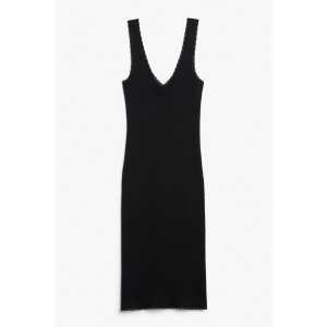 Monki Geripptes Midi-Kleid mit V-Ausschnitt Schwarz, Alltagskleider in Größe M. Farbe: Black