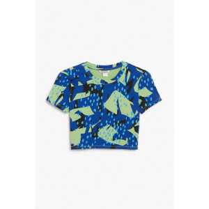 Monki Kurzes T-Shirt mit grün-blauem Wellen-Print Grün-blauer Cut-out-Print, Tops in Größe XL. Farbe: Green & blue cut-out print
