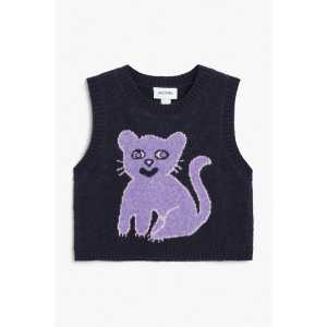 Monki Weicher Strickpullunder Dunkelblau mit Katzenmotiv, Pullover in Größe S. Farbe: Dark blue with cat print