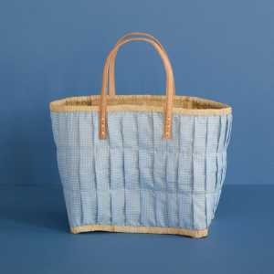 Rice Tasche aus Bast im Karo Design, Large, Hellblau