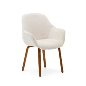 Kave Home - Aleli Stuhl mit Bouclé in Weiß Beine aus massivem Eschenholz mit Nussholzfinish