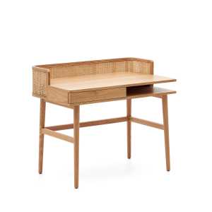 Kave Home - Araxi Schreibtisch aus Eschenfurnier und massiver Esche und Rattan 105 x 62 cm