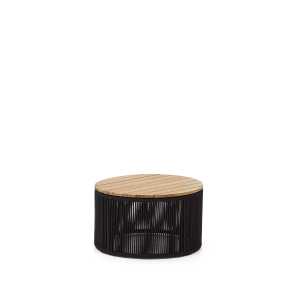 Kave Home - Couchtisch Dandara aus Stahl, schwarzem Flechtwerk und massivem Akazienholz Ø60 cm 100% FS