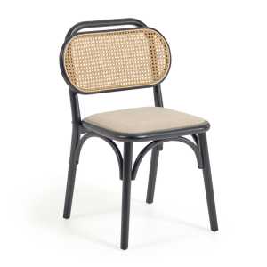 Kave Home - Doriane Stuhl aus massiver Ulme mit schwarzer Lackierung und gepolsterter Sitzfläche