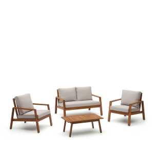 Kave Home - Frares Set aus 2-Sitzer-Sofa, 2 Sesseln und Couchtisch massives Akazienholz 100% FSC
