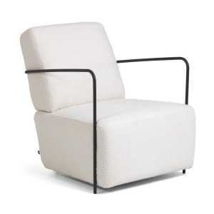 Kave Home - Gamer Sessel im Lammfell-Stil weiß und Metall mit schwarzem Finish