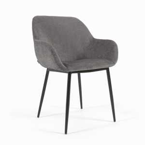Kave Home - Konna Stuhl aus dunkelgrauer Chenille mit schwarz lackierten Stahlbeinen