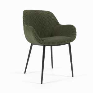 Kave Home - Konna Stuhl aus dunkelgrünem, breitem Cord mit schwarz lackierten Stahlbeinen