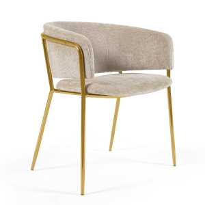 Kave Home - Runnie Stuhl aus beiger Chenille mit goldfarbenen Stahlbeinen