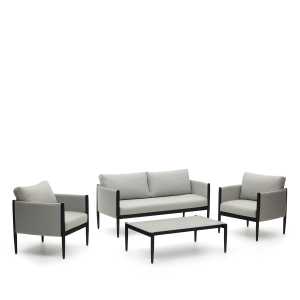 Kave Home - Satuna Set aus 2-Sitzer-Sofa, 2 Sesseln und Couchtisch aus Metall mit mattem Finish