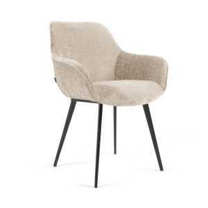 Kave Home - Stuhl Amira aus beigem Chenille und Metallbeinen mit schwarzem Finish
