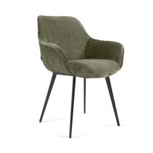 Kave Home - Stuhl Amira aus dunkelgrünem Chenille und Metallbeinen mit schwarzem Finish