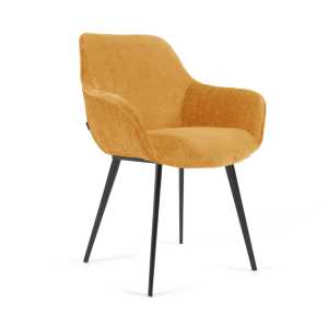 Kave Home - Stuhl Amira aus senfgelbem Chenille und Metallbeinen mit schwarzem Finish