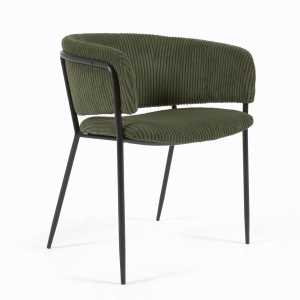 Kave Home - Stuhl Runnie aus dunkelgrünem dickem Cord mit schwarz lackierten Stahlbeinen