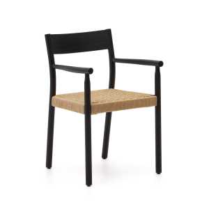 Kave Home - Stuhl Yalia aus massiver Eiche mit schwarzem Finish und Sitz aus Seil 100% FSC