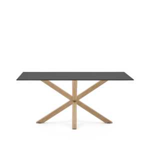 Kave Home - Tisch Argo aus schwarzem Milchglas und Beinen aus Stahl in Holzoptik, 160 x 90 cm
